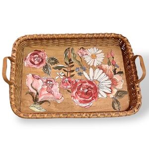 Revamped Floral Rectangular Woven Wicker Rattan w/ Wood Handled Basket Tray
